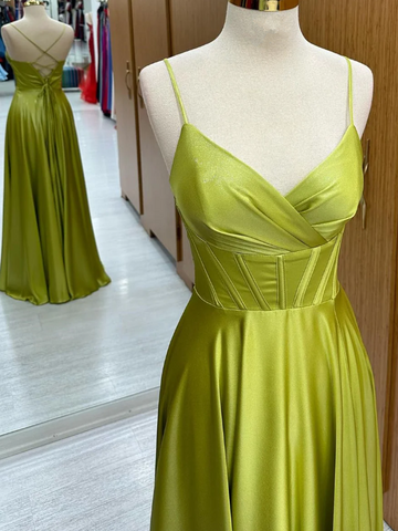 Olive Green Corset Satin Lace-Up A-Line Prom Dress Formal Party Evening Dress HZ1023